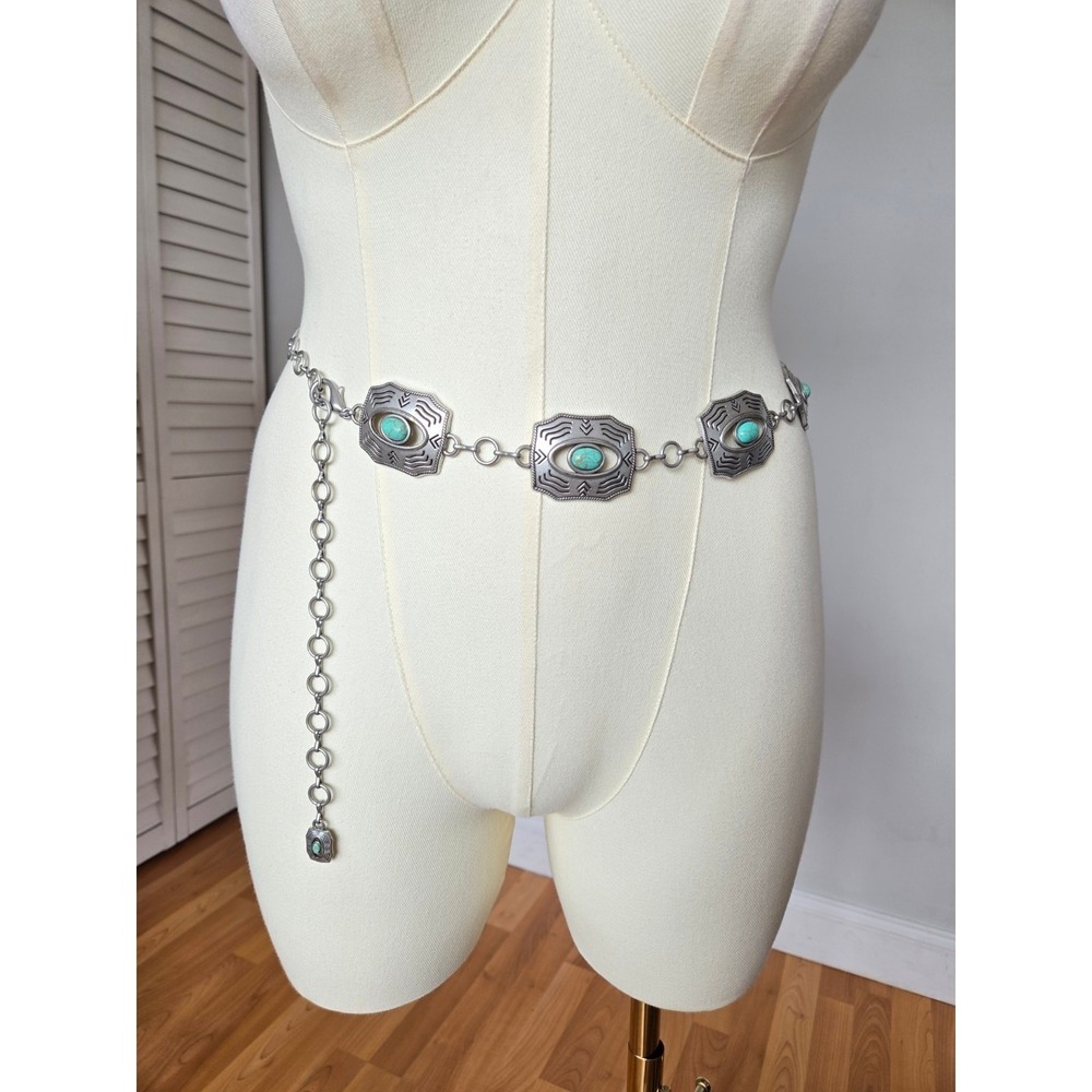 Silver Turquoise Concho Chain Belt Adjustable Western Boho Statement Desertcore